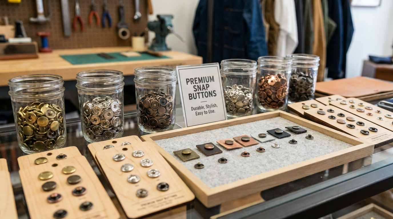 snap fastener short post, Snap fastener short post components are displayed on sample boards beside jars of assorted metal fasteners in a workshop setting.